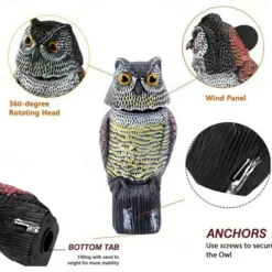 Realistic Fake Owl Decoy with Shaking Head for Garden Yard Outdoor Bird Deterrent 360 Rotation No Power Required Pest Control Sculpture