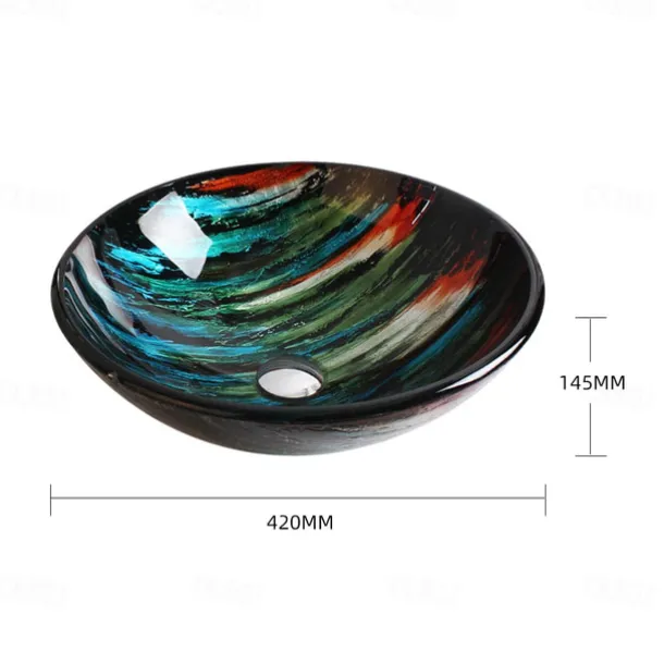 Red and Blue Color Tree Grain Round Basin Tempered Glass Wash Basin Without Faucet Suitable Waterfall Faucet Basin Holder