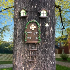 Resin Fairy Door & Window Set with Glow in The Dark Windows, Miniature Sculpture for Trees, Outdoor Decor Accessories