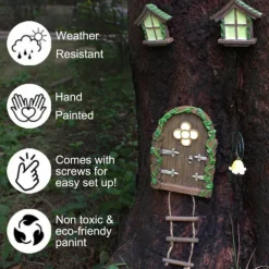 Resin Fairy Door & Window Set with Glow in The Dark Windows, Miniature Sculpture for Trees, Outdoor Decor Accessories