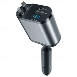 Retractable Car Charger 4 in 1 Fast Car Phone Charger Adapter with Type C & Apple Cords Compatible with iPhone 16/15/14/13/12/11, Galaxy, Pixel