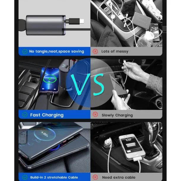 Retractable Car Charger 4 in 1 Fast Car Phone Charger Adapter with Type C & Apple Cords Compatible with iPhone 16/15/14/13/12/11, Galaxy, Pixel