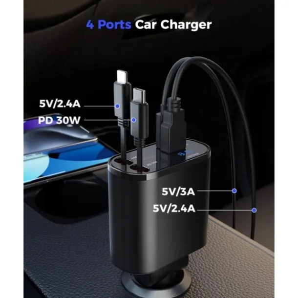 Retractable Car Charger 4 in 1 Fast Car Phone Charger Adapter with Type C & Apple Cords Compatible with iPhone 16/15/14/13/12/11, Galaxy, Pixel