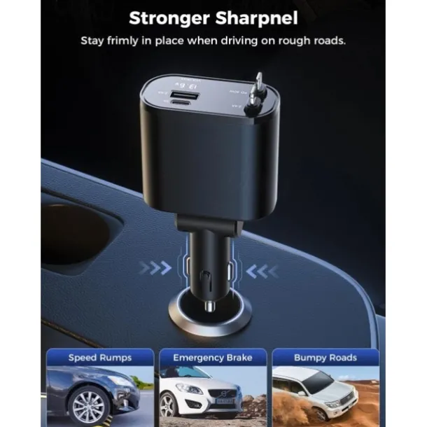 Retractable Car Charger 4 in 1 Fast Car Phone Charger Adapter with Type C & Apple Cords Compatible with iPhone 16/15/14/13/12/11, Galaxy, Pixel