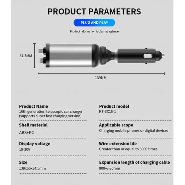 Retractable Car Charger 4 in 1 Fast Car Phone Charger Adapter with Type C & Apple Cords Compatible with iPhone 16/15/14/13/12/11, Galaxy, Pixel