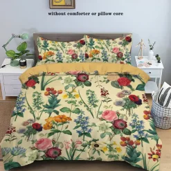 Retro Painted Floral Print 3-Piece Duvet Cover Set for Summer Soft Skin Friendly Long Lasting for Hotel Bedroom Guest Room Bedding Comfy Set