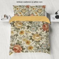 Retro Painted Floral Print 3-Piece Duvet Cover Set for Summer Soft Skin Friendly Long Lasting for Hotel Bedroom Guest Room Bedding Comfy Set