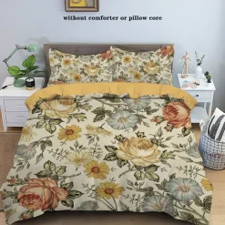 Retro Painted Floral Print 3-Piece Duvet Cover Set for Summer Soft Skin Friendly Long Lasting for Hotel Bedroom Guest Room Bedding Comfy Set