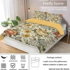 Retro Painted Floral Print 3-Piece Duvet Cover Set for Summer Soft Skin Friendly Long Lasting for Hotel Bedroom Guest Room Bedding Comfy Set