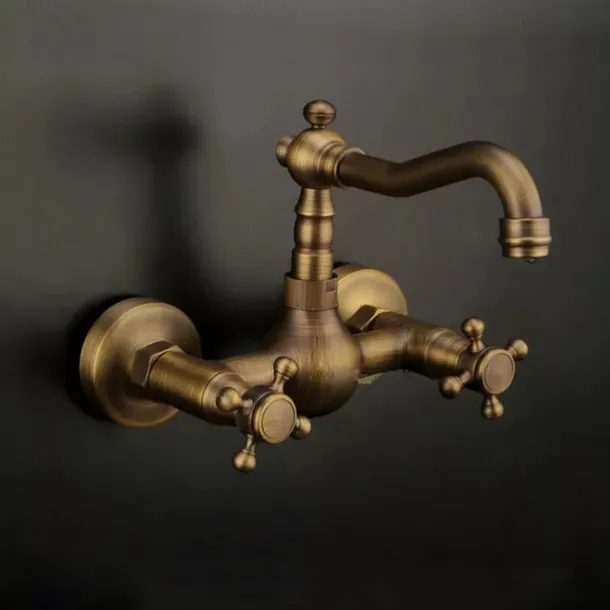 Retro Style Utility Sink Black Laundry Faucet, Wall Mount High Arc Two Handles Two Holes Wash Basin Tap with Hot and Cold Water Hoses, Laundry Tub Pot Filler Commercial Faucet, Ceramic Valve Included