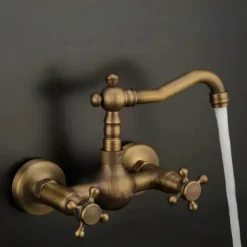 Retro Style Utility Sink Black Laundry Faucet, Wall Mount High Arc Two Handles Two Holes Wash Basin Tap with Hot and Cold Water Hoses, Laundry Tub Pot Filler Commercial Faucet, Ceramic Valve Included