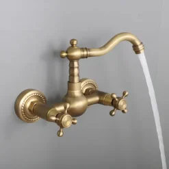 Retro Style Utility Sink Laundry Faucet, Wall Mount Long Spout Two Handles Two Holes Wash Basin Tap with Hot and Cold Water Hoses, Laundry Tub Pot Filler Commercial Faucet in Antique Brass