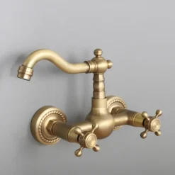 Retro Style Utility Sink Laundry Faucet, Wall Mount Long Spout Two Handles Two Holes Wash Basin Tap with Hot and Cold Water Hoses, Laundry Tub Pot Filler Commercial Faucet in Antique Brass