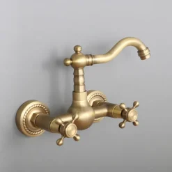 Retro Style Utility Sink Laundry Faucet, Wall Mount Long Spout Two Handles Two Holes Wash Basin Tap with Hot and Cold Water Hoses, Laundry Tub Pot Filler Commercial Faucet in Antique Brass