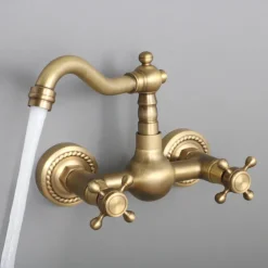 Retro Style Utility Sink Laundry Faucet, Wall Mount Long Spout Two Handles Two Holes Wash Basin Tap with Hot and Cold Water Hoses, Laundry Tub Pot Filler Commercial Faucet in Antique Brass