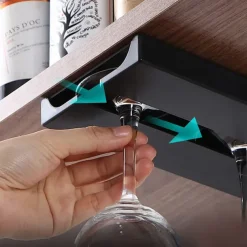 Riipoo Wine Glass Rack Hanger Under Cabinet, Wine Glass Holder Under Shelf, Stemware Rack Black for Cabinet, 2-Pack