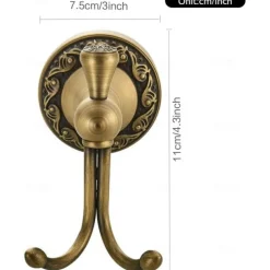 Robe Hook Antique Brass Retro Style Wall Mounted for Bathroom Double Hooks 1pc