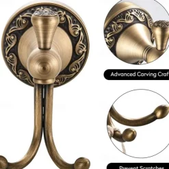 Robe Hook Antique Brass Retro Style Wall Mounted for Bathroom Double Hooks 1pc