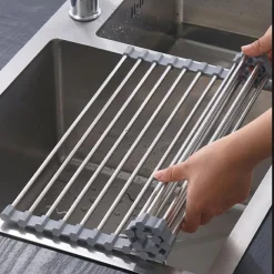 Roll Up Dish Rack, Stainless Steel Drying Drainer Over The Kitchen Sink, Foldable Rolling Rack Grey for Dishes Cups Fruits Forks