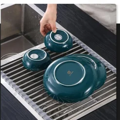 Roll Up Dish Rack, Stainless Steel Drying Drainer Over The Kitchen Sink, Foldable Rolling Rack Grey for Dishes Cups Fruits Forks