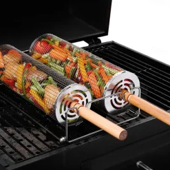 Rolling Grill Basket - SUS304 Stainless Steel Barbecue Cooking Grill Grate - Outdoor Round BBQ Campfire Grill Grid - Camping Picnic Cookware