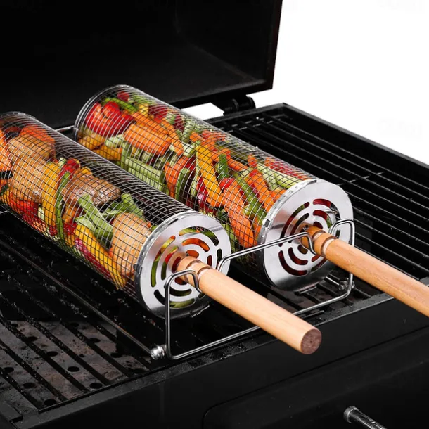 Rolling Grill Basket - SUS304 Stainless Steel Barbecue Cooking Grill Grate - Outdoor Round BBQ Campfire Grill Grid - Camping Picnic Cookware