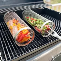 Rolling Grill Basket - SUS304 Stainless Steel Barbecue Cooking Grill Grate - Outdoor Round BBQ Campfire Grill Grid - Camping Picnic Cookware