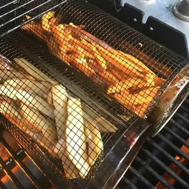 Rolling Grill Basket - SUS304 Stainless Steel Barbecue Cooking Grill Grate - Outdoor Round BBQ Campfire Grill Grid - Camping Picnic Cookware