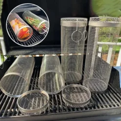 Rolling Grill Basket - SUS304 Stainless Steel Barbecue Cooking Grill Grate - Outdoor Round BBQ Campfire Grill Grid - Camping Picnic Cookware