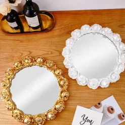 Rose Wreath Mirror Tray – Vintage Resin Decorative Tray with High-Definition Glass Mirror, Elegant Floral Design for Makeup Storage, Jewelry Display, Photography Prop, and Vanity Table Decor