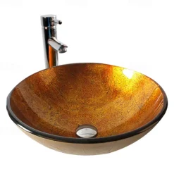 Round Artistic Vanity Basin Sink Bathroom Vessel Tempered Glass Bowl 16.5 inch, Art Wash Basin Mixer Faucet Set with Pop-up Drain, Boat Shape Countertop Above Counter Washroom