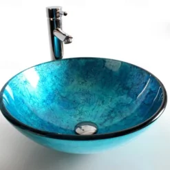 Round Artistic Vanity Basin Sink Bathroom Vessel Tempered Glass Bowl 16.5 inch, Art Wash Basin Mixer Faucet Set with Pop-up Drain, Boat Shape Countertop Above Counter Washroom
