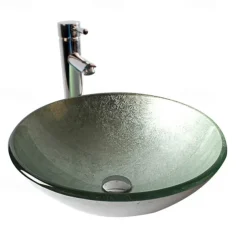 Round Artistic Vanity Basin Sink Bathroom Vessel Tempered Glass Bowl 16.5 inch, Art Wash Basin Mixer Faucet Set with Pop-up Drain, Boat Shape Countertop Above Counter Washroom