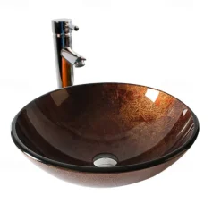 Round Artistic Vanity Basin Sink Bathroom Vessel Tempered Glass Bowl 16.5 inch, Art Wash Basin Mixer Faucet Set with Pop-up Drain, Boat Shape Countertop Above Counter Washroom