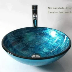 Round Artistic Vanity Basin Sink Bathroom Vessel Tempered Glass Bowl 16.5 inch, Art Wash Basin Mixer Faucet Set with Pop-up Drain, Boat Shape Countertop Above Counter Washroom