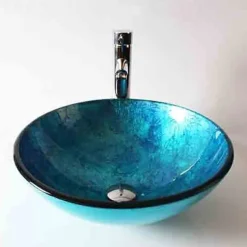 Round Artistic Vanity Basin Sink Bathroom Vessel Tempered Glass Bowl 16.5 inch, Art Wash Basin Mixer Faucet Set with Pop-up Drain, Boat Shape Countertop Above Counter Washroom