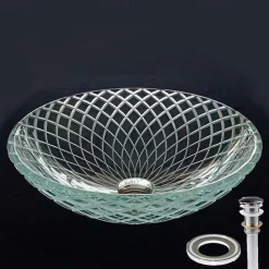 Round Basin Sink 16.5 inches, Tempered Glass Crystal Vessel Sink with Pop Up Drain and Mounting Ring, Washroom Art Basin Countertop Artistic Above Counter Vanity Bowl