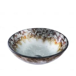 Round Bathroom Sink Set 16.5" X 5.7", Artistic Vanity Sink Bowl Golden Pattern Tempered Glass Finish Art Basin Above Counter Sink Brass Vessel Sink