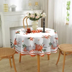 Round Fall Thanksgiving Tablecloth Pumpkin Decorative Holiday Table Cloth Seasonal Dining-Table Cover, Waterproof and Washable Table Cover for Party Kitchen Dining Room Indoor