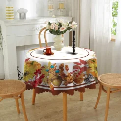 Round Fall Thanksgiving Tablecloth Pumpkin Decorative Holiday Table Cloth Seasonal Dining-Table Cover, Waterproof and Washable Table Cover for Party Kitchen Dining Room Indoor
