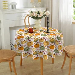 Round Fall Thanksgiving Tablecloth Pumpkin Decorative Holiday Table Cloth Seasonal Dining-Table Cover, Waterproof and Washable Table Cover for Party Kitchen Dining Room Indoor