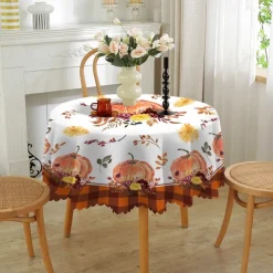 Round Fall Thanksgiving Tablecloth Pumpkin Decorative Holiday Table Cloth Seasonal Dining-Table Cover, Waterproof and Washable Table Cover for Party Kitchen Dining Room Indoor