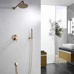 Round Golden Shower System Faucet Set Rainfall Shower Head 8 inch, Rough In Valve and Trim Kit Combo Kit, High Pressure Heldhead Wall Mounted for Bath Bathroom
