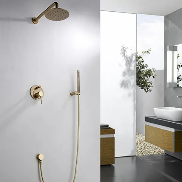 Round Golden Shower System Faucet Set Rainfall Shower Head 8 inch, Rough In Valve and Trim Kit Combo Kit, High Pressure Heldhead Wall Mounted for Bath Bathroom