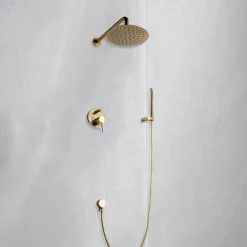 Round Golden Shower System Faucet Set Rainfall Shower Head 8 inch, Rough In Valve and Trim Kit Combo Kit, High Pressure Heldhead Wall Mounted for Bath Bathroom