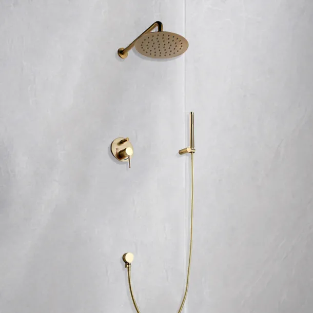 Round Golden Shower System Faucet Set Rainfall Shower Head 8 inch, Rough In Valve and Trim Kit Combo Kit, High Pressure Heldhead Wall Mounted for Bath Bathroom