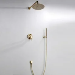 Round Golden Shower System Faucet Set Rainfall Shower Head 8 inch, Rough In Valve and Trim Kit Combo Kit, High Pressure Heldhead Wall Mounted for Bath Bathroom