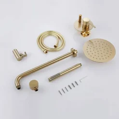 Round Golden Shower System Faucet Set Rainfall Shower Head 8 inch, Rough In Valve and Trim Kit Combo Kit, High Pressure Heldhead Wall Mounted for Bath Bathroom