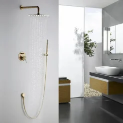 Round Golden Shower System Faucet Set Rainfall Shower Head 8 inch, Rough In Valve and Trim Kit Combo Kit, High Pressure Heldhead Wall Mounted for Bath Bathroom