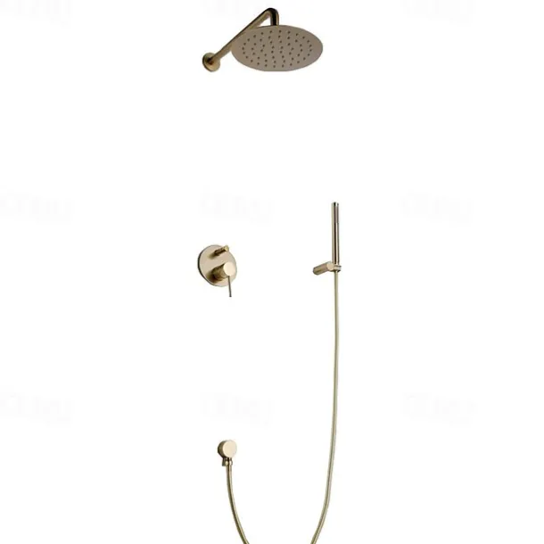 Round Golden Shower System Faucet Set Rainfall Shower Head 8 inch, Rough In Valve and Trim Kit Combo Kit, High Pressure Heldhead Wall Mounted for Bath Bathroom